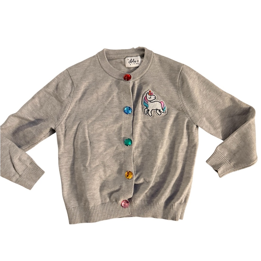 Lola + The Boys Gray Sweater with Unicorn and Rainbow Buttons